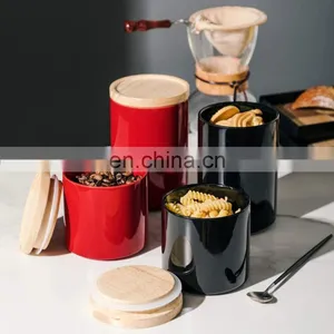 Airtight Stackable Kitchen Ceramic Food Bottle Canister Containers Storage Jar With Seal Bamboo Lid for Coffee Tea Sugar Salt thumbnail-3