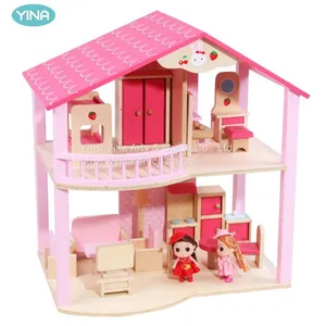 Montessori Toddler Children Toys House Simulation House Diy Wooden Dollhouse DIY Pink Doll House Cottage thumbnail-1