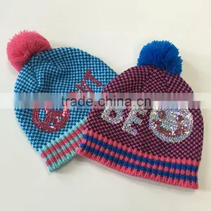 Hot Sale New Design Knitting Beanie Hat Bling Bling Sequins Embroidered Hats Emoji Smail Pattern thumbnail-3