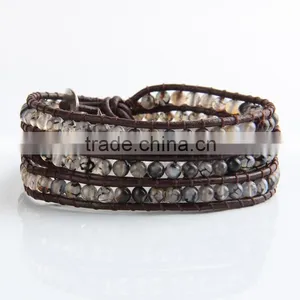 Fashion Jewelry 4 Strands 4mm Agate/Turquoise/Aquamarine/Opal Handmade Brown Leather Beaded Wrap Bracelet Excellent Handwork thumbnail-2