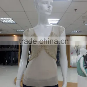 Ladies v Neck Short Sleeve 100%linen Like Knitwear With Chiffon Lace Placket thumbnail-1