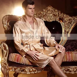 Gold Emulation Silk Men Bathrobe Long Sleeve V Neck Male Robes Soft Silk Satin Sleepwear Casual Comfortable Homewear thumbnail-4