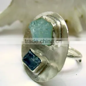 Aquamarine & Blue Kyanite Rough Natural Gemstone Ring, 925 Solid Sterling Silver Ring, Designer Raw Bowl Shaped Ring thumbnail-2