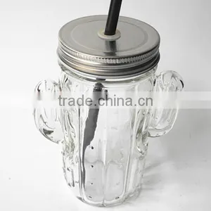 Cactus Plant Unique Shape Clear Glass Juice Mason Jar With Silver Lid and Straw thumbnail-2