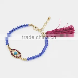 Rhinestone Turquoise Inset Oval Evil Eye Charm Crystal Bracelet Fashion Tassel Bracelet thumbnail-1