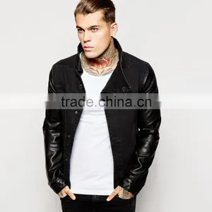 Fashion Denim Black Sleeves Leather Jacket With Pocket Custom Design thumbnail-1