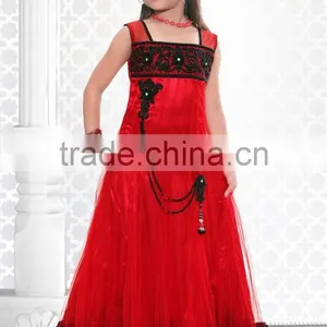 Red Color Anarkali Long With Black Lace Neck Design and Border Sizzling Girls Ready Made thumbnail-1