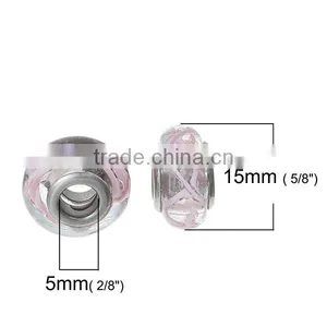 Lampwork Glass European Style Large Hole Beads Round Transparent Pink Ripple With 304 Stainless Steel Silver Tone Core thumbnail-2