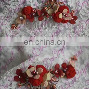 Aidocrystal Marsala Burgundy Hair Accessory Red Floral Hair Comb Hair Flower With Leaves Wedding Fascinators for Women thumbnail-3