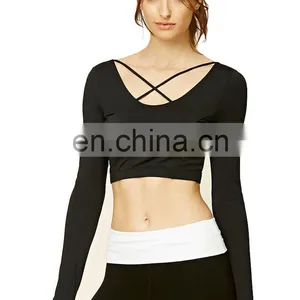 Spring Summer Fashion Custom Logo Long Sleeve Straps Criss Cross Plain Black Casual Crop t Shirt for Ladies thumbnail-1