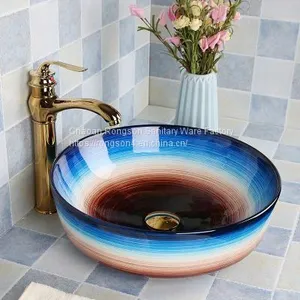 Stylish Design Ceramic Hotel Bathroom Good Sale New Design Special Blue Color Round Wash Basin for Wholesale From China thumbnail-1