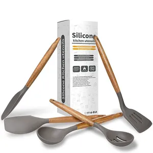 Kitchen Accessories Home and Kitchen Cookware Sets Non Stick Silicone Kitchen Utensils Set With Wood Handle thumbnail-2