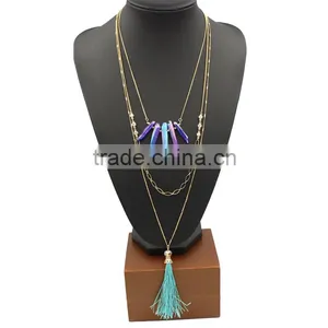 Fashion Boho Crystal Beaded Long Tassels Layering Fringe Pendant Necklace NNK-100974-1 thumbnail-2
