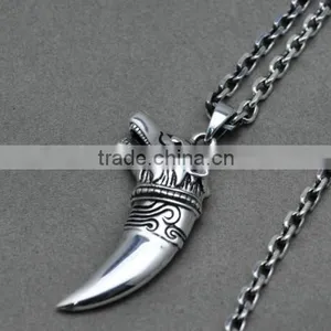 Vintage 925 Sterling Silver Mens Wolf Head Teeth Pendant Necklace Pendant thumbnail-2