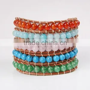 the Sea Blue Pink Crystal Bracelet Fashion Agate Beads Charm Bracelet Women Jewelry 5 Coil Winding Leather Bracelet Bangles thumbnail-1