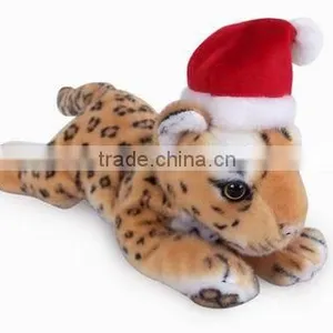 High Quality Factory Wholesale Realistic Plush Brown Leopard Christmas Plush Toy Grovel Brown Leopard With Christmas Cap thumbnail-1