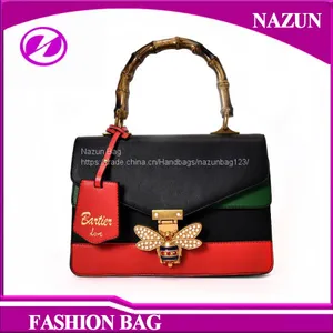 2017 New Design Color Match Beautiful Bamboo Handle Custom-made PU Leather Small Shoulder Ladies Bags Handbag thumbnail-1