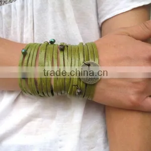 Sliced Leather Bracelet, Leather Cuff - Crystal Charm Bracelet, Multi Strap Bracelet, Wrapped Leather Bracelet With Logo Charm thumbnail-1