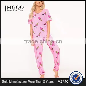 Custom Full Print Women Long PJ Set All Over Print Ladies Sleepwear Pink Ice-cream Print Pajamas Set thumbnail-1