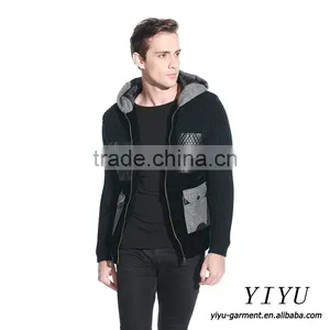 Men Patchwork Leather Knitted Jackets Coat Alpaca Hooded Sweater With Zipper thumbnail-1