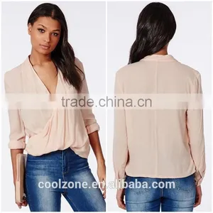 100% Polyester Wrap Over Nude Women Blouse for Middle Aged Women thumbnail-1