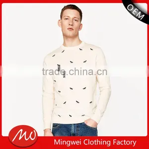 Mens Plain White Long Sleeve Animal Print Pullover Sweater for Wholesale thumbnail-1