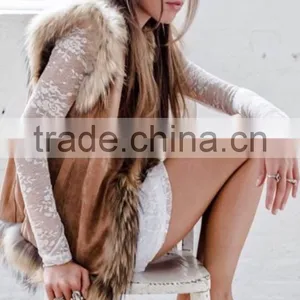 YR098 Genuine Suede Leather With Raccoon Fur Trimming Vest thumbnail-4
