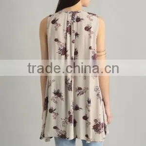 Custom Womens Floral Sleeveless Long Style Swing Tops,Fashion Cotton Printed Sleeveless Blouses For Women thumbnail-4