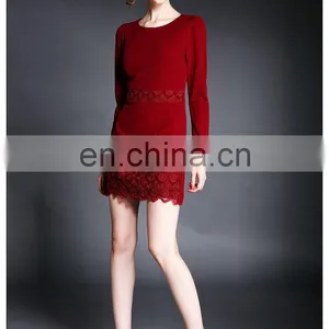 High Quality Ladies Maroon Dress With Lace Trim, Long Sleeve Fashion Autumn Dress thumbnail-5
