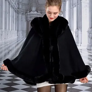 European and American Autumn and Winter New Imitation Otter Rabbit Fur Collar Hooded Shawl Cloak Loose Jacket for Women thumbnail-5