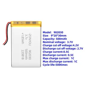 Wholesale Factory Price ZonYou 902030 Liquid Battery Pouch 500mah Cell LiCoO2 Cathode 500 Cycles for Consumer Electronics Power thumbnail-1