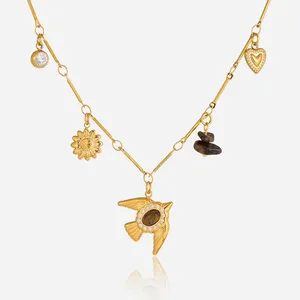 Custom 18K Gold Plated Stainless Steel Round Green Rhinestone Necklace - Fashion Jewelry thumbnail-4