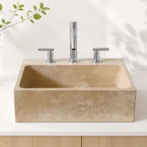 High Quality Rectangular Travertine Marble Factory Custom Vessel Sink Handmade Stone Vanity Bathroom Basin Hotels Villas Garden thumbnail-2
