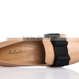 Genuine Leather Apricot Women Flat Bowknot Shoes Heels With Diamond thumbnail-5