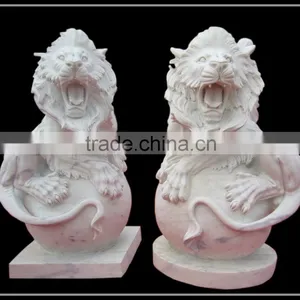 Carved Marble Lion Sculpture With Ball Base thumbnail-1