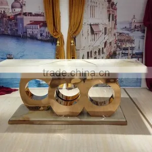 Luxury Natural Marble Stone Golden Stainless Steel Base Dining Table thumbnail-1