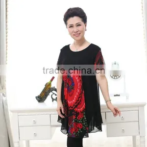 Elegant Lace Formal Short Sleeve Printed Floral Loose Blouses for Old Ladies thumbnail-3