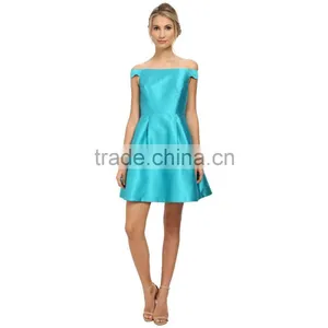 One-line Shoulder Plain Blue Short Bridesmaid Dress With Zipper thumbnail-1