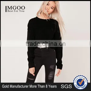 Custom Label Women Plain Black Knitwear With Drop Shoulder Loose Sweater Turn Back Cuff Cropped Jumper Black thumbnail-1