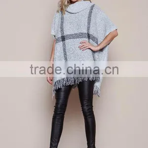 MGOO New Fashion Plaid Pullover Tops Grey Knit Mohair Fringe Poncho Women Winter Popular Clothes thumbnail-2