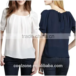 Latest Pleated Neck Puffed Shoulders Silk Blouse Elegant Silk Blouses Models thumbnail-1