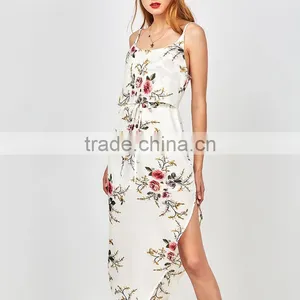 Slip Floral Printed Drawstring Waist Asymmetric Chiffon Women Dress thumbnail-2