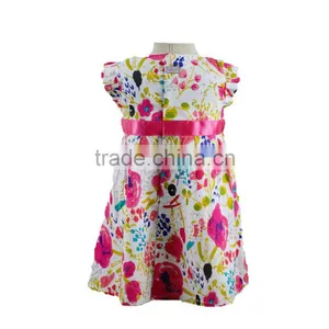 Flower Printed With Bow Flutter Sleeves Baby Girl Party Dress thumbnail-2