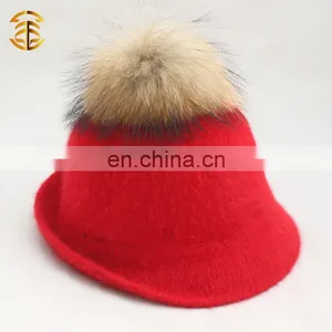 New Fashion Wholesale Ladies Red Straw Fedora Hat With Real Fur Pom Pom thumbnail-1