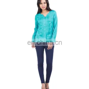 Green Top With Pin Tuck Detailing for Ledies Printed Three Quarter Sleeve Blouse in Chiffon With Lace Collar See Larger Image thumbnail-3