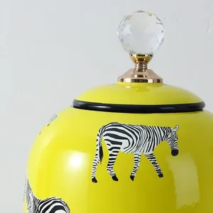 Nordic Style Modern Cylinder Tableware Yellow Zebra Painting Ceramic Flower Storage Vases With Round Crystal Lid For Dining Room thumbnail-5