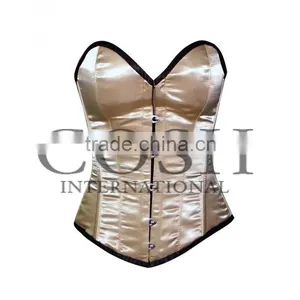 Overbust Steel Boned Corset in Beige Satin With Black Trims Ci-1106 thumbnail-1