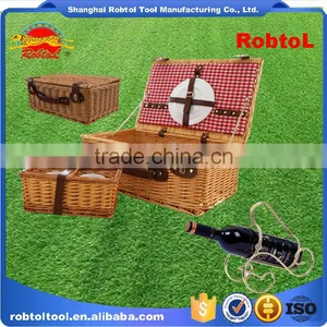 Woven Wicker Willow Picnic Basket Outdoor Hamper Lidded Set Cutlery Dinnerware BBQ Camping Vineyard thumbnail-4