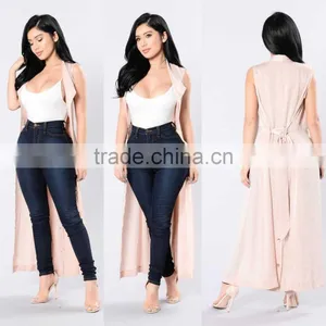 Vest Duster 100% Polyester Satin Waist Belt Long Maxi Open Sleeveless Top Jacket Collar Plain Cardigan Open Duster Blazer Vest thumbnail-1