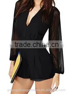 Womens Sexy Chiffon Rompers Short Pants New Deep V-Neck Long Sleeve Jumpsuit thumbnail-1